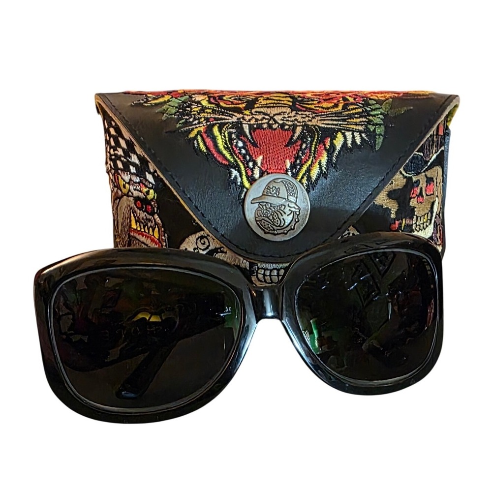 Ed Hardy EHT901 Black Oversized Sunglasses Love Hope Tattoo Cut With Case